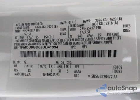 2018 Ford Escape Se from USA, damaged, VIN 1FMCU0GD6JUB41994